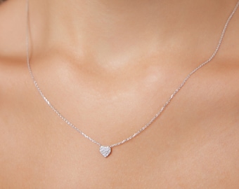 14K Solid White Gold Minimalist Diamond Heart Necklace