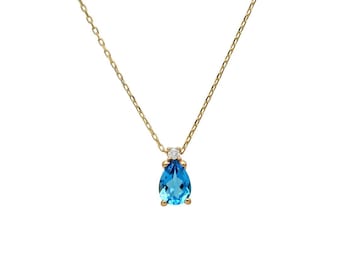 14K Solid Yellow Gold Blue Topaz and Diamond Solitaire Necklace ,Pear Shape Natural Topaz Necklace , November Birthstone, Diamond Necklace