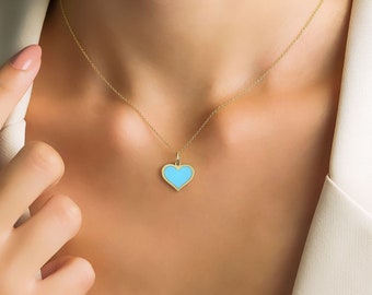 14K Yellow Gold Heart Necklace, Turquoise Heart Necklace, Layering Necklace, Gold Heart Pendant, Turquoise Necklace, Gifts For Her