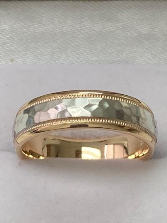 Two Tone Gold Wedding Bands, Milgrain Hammered Finish Wedding Rings, 6mm 10K 14K 18K White & Yellow Gold Mens Wedding Bands, Rings for Men