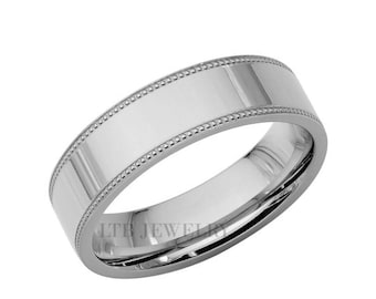 6mm 10K 14K 18K Solid White Gold Wedding Bands, Flat Milgrain Mens Wedding Ring, Plain Shiny Finish Mens Wedding Band, Comfort Fit, Polished