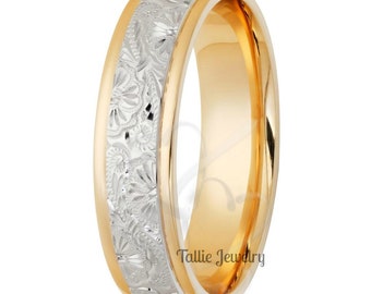 Two Tone Gold Hand Engraved Mens Wedding Bands, Hand Engraved Mens Wedding Ring ,6mm 10K 14K 18K White and Yellow Gold Wedding Bands