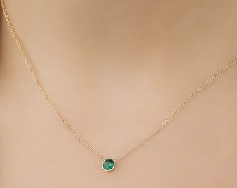 Emerald Necklace, 14K Solid Yellow Gold Emerald Solitaire Necklace, 4mm Bezel Set Emerald Necklace, May Birthstone, Green Emerald, Gemstone