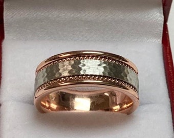 Hammered Finish Platinum Mens Wedding Band, Handmade Braided Platinum Wedding Ring, 14K Solid Rose Gold & Platinum Braided Wedding Band