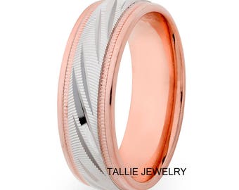 Two Tone Gold Wedding Bands, 7mm 14K Solid White and Rose Gold Mens Wedding Rings, Matching Wedding Bands, His & Hers Wedding Rings