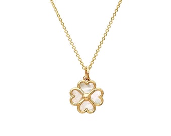 14K Yellow Gold Mother of Pearl Four Leaf Clover Necklace, Mother of Pearl Clover Necklace, Lucky Charm, Good Luck Necklace, Clover Charm