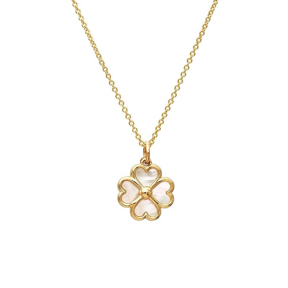 14K Yellow Gold Mother of Pearl Four Leaf Clover Necklace, Mother