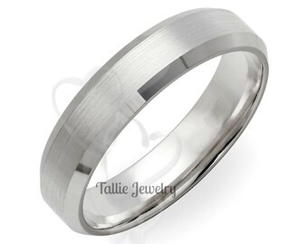 White Gold Mens Wedding Bands, Satin Finish Beveled Edge Mens Wedding Rings, 5mm 10K 14K 18K Solid White Gold Wedding Bands, Comfort Fit