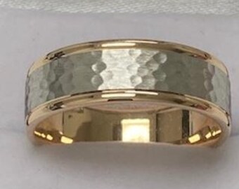 Two Tone Gold Mens Wedding Bands, Hammered Finish Mens Wedding Rings, 8mm 10K 14K 18K Solid White and Yellow Gold Wedding Bands