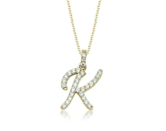 14K Yellow Gold Diamond Initial Necklace  0.30 Carat Lab Diamond Letter Necklace, Diamond Initial Pendant, Script Letter K Necklace