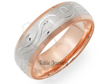 7mm 10K 14K 18K White & Rose Gold Mens Wedding Bands, Hand Engraved Mens Wedding Rings , Two Tone Gold Wedding Bands, Hand Engraved Rings