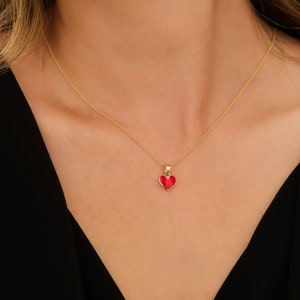 Heart Necklace,14K Solid Yellow Gold Heart Necklace, Minimalist Heart Pendant, Red Enamel Heart Necklace, Dainty Heart Necklace, Heart Charm