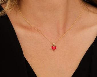 Heart Necklace,14K Solid Yellow Gold Heart Necklace, Minimalist Heart Pendant, Red Enamel Heart Necklace, Dainty Heart Necklace, Heart Charm