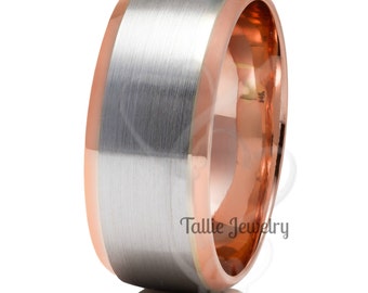 Two Tone Gold Wedding Bands, 8mm 14K Solid White and Rose Gold Mens Wedding Ring, Two Tone Gold Mens Wedding Band