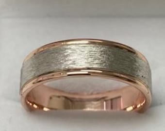 Two Tone Gold Mens Wedding Bands, 7mm 10K 14K 18K Solid White and Rose Gold Mens Wedding Rings, Comfort Fit
