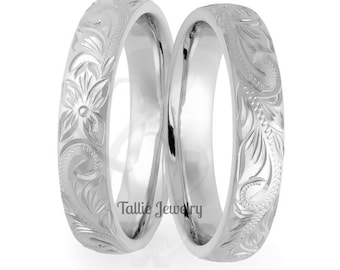 Hand Engraved His and Hers Platinum Wedding Bands, Matching Wedding Rings Set