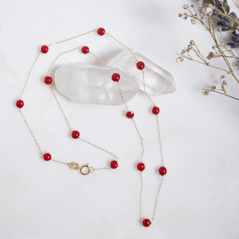 Ruby Necklace / 14K Solid Yellow Gold Ruby Station Necklace/ Beaded ...