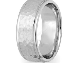 Hammered Finish Mens Wedding Bands,7mm,10K,14K,18K White Gold Mens Wedding Rings ,Matching Wedding Bands ,His & Hers Wedding Rings