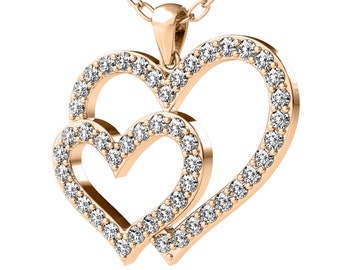 0.50 Carat Natural Diamond Heart Necklace, 14K Solid Rose Gold Diamond Heart Necklace, Diamond Heart Pendant, Double Heart Necklace