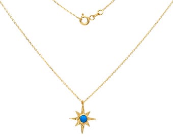 Turquoise Necklace, 14K Solid Yellow Gold Turquoise Star Necklace, Gold Morning Star Necklace