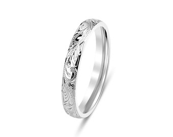 3mm 10K 14K 18K Solid White Gold Hand Engraved Wedding Bands, Hand Engraved Mens and Womens Wedding Rings, His and Hers Wedding Bands