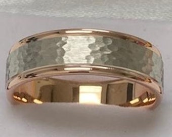 Two Tone Gold Mens Wedding Band, Hammered Finish Mens Wedding Ring, 7mm 10K 14K 18K Solid White and Rose Gold Wedding Bands, Rings for Men