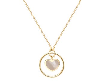 14K Solid Yellow Gold Heart Necklace, Minimalist Mother of Pearl Heart Necklace on Circle, Small Heart Necklace