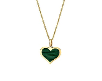 14K Solid Yellow Gold Malachite Heart Necklace, Malachite Heart Necklace, Minimalist Heart Necklace, Malachite Heart Pendant, Heart Charm