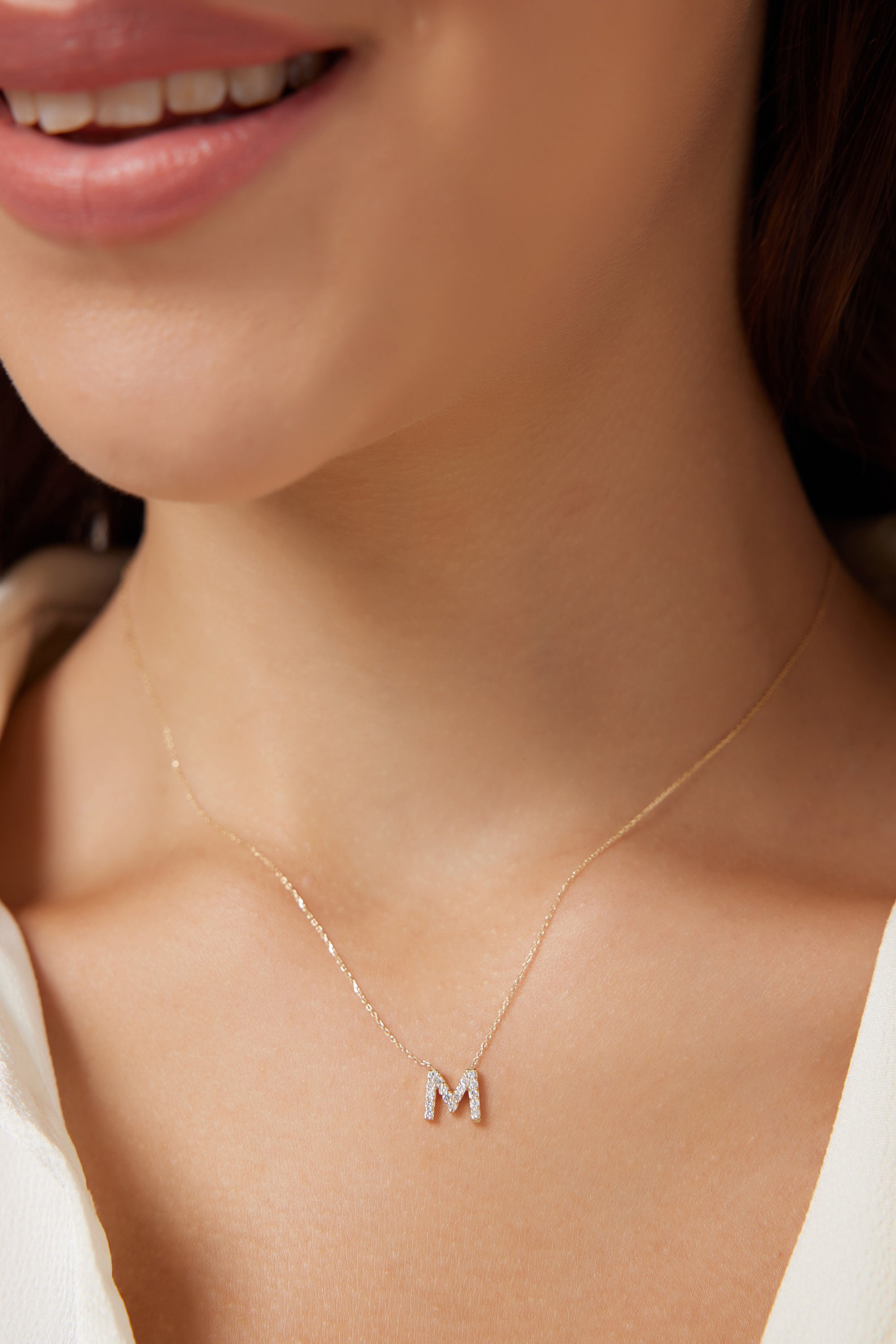 14K SOLID YELLOW GOLD INITIAL NECKLACE, DAINTY LETTER M NECKLACE