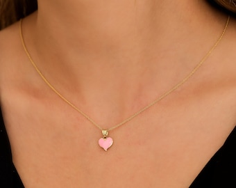 14K Solid Yellow Gold Heart Necklace, Heart Pendant, Pink Enamel Heart Necklace, Dainty Heart Necklace, Valentine Days Gift