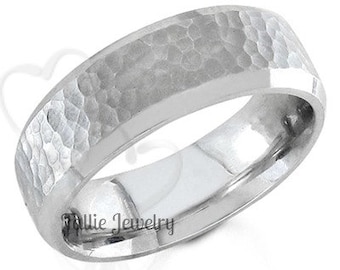 7mm 10K 14K 18K Solid White Gold Mens Wedding Bands, Beveled Edge Hammered Finish Mens Wedding Rings