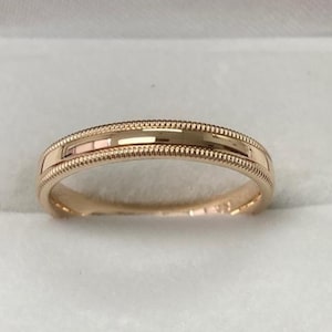 3mm 10K 14K 18K Solid Yellow Gold Wedding Band, Plain Wedding Band for Men and Women, Polished Dome Milgrain Wedding Band Ring