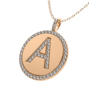 14K Solid Rose Gold Diamond Initial Necklace, 0.65 Carat Diamond Letter Necklace, Diamond Letter Pendant ,Personalized Diamond Disc Pendant
