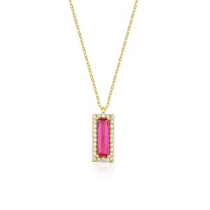 Baguette Ruby Necklace, 14K Solid Yellow Gold Ruby Solitaire Necklace, Dainty Ruby Necklace, July Birthstone, Red Ruby Gemstone