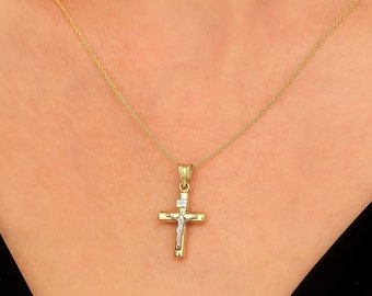 14K Yellow Gold Cross Necklace, Cross Pendant , Two Tone Gold Cross Necklace, Small Cross Necklace, Baptism Gift, Crucifix Cross Necklace