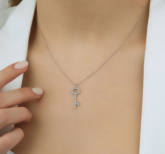 Diamond Key Necklace 14K Solid White Gold Key Necklace