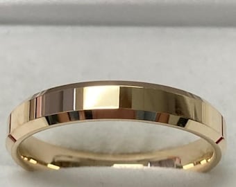 4mm 10K 14K 18K Solid Yellow Gold Wedding Band, Shiny Finish Beveled Edge Mens and Womens Wedding Rings, His and Hers Wedding Bands