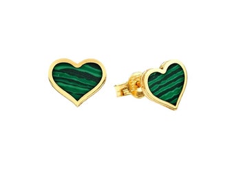 14K Solid Yellow Gold Heart Earrings, Malachite Heart Earrings, Heart Stud Earrings, Minimalist Heart Earrings, Green Malachite