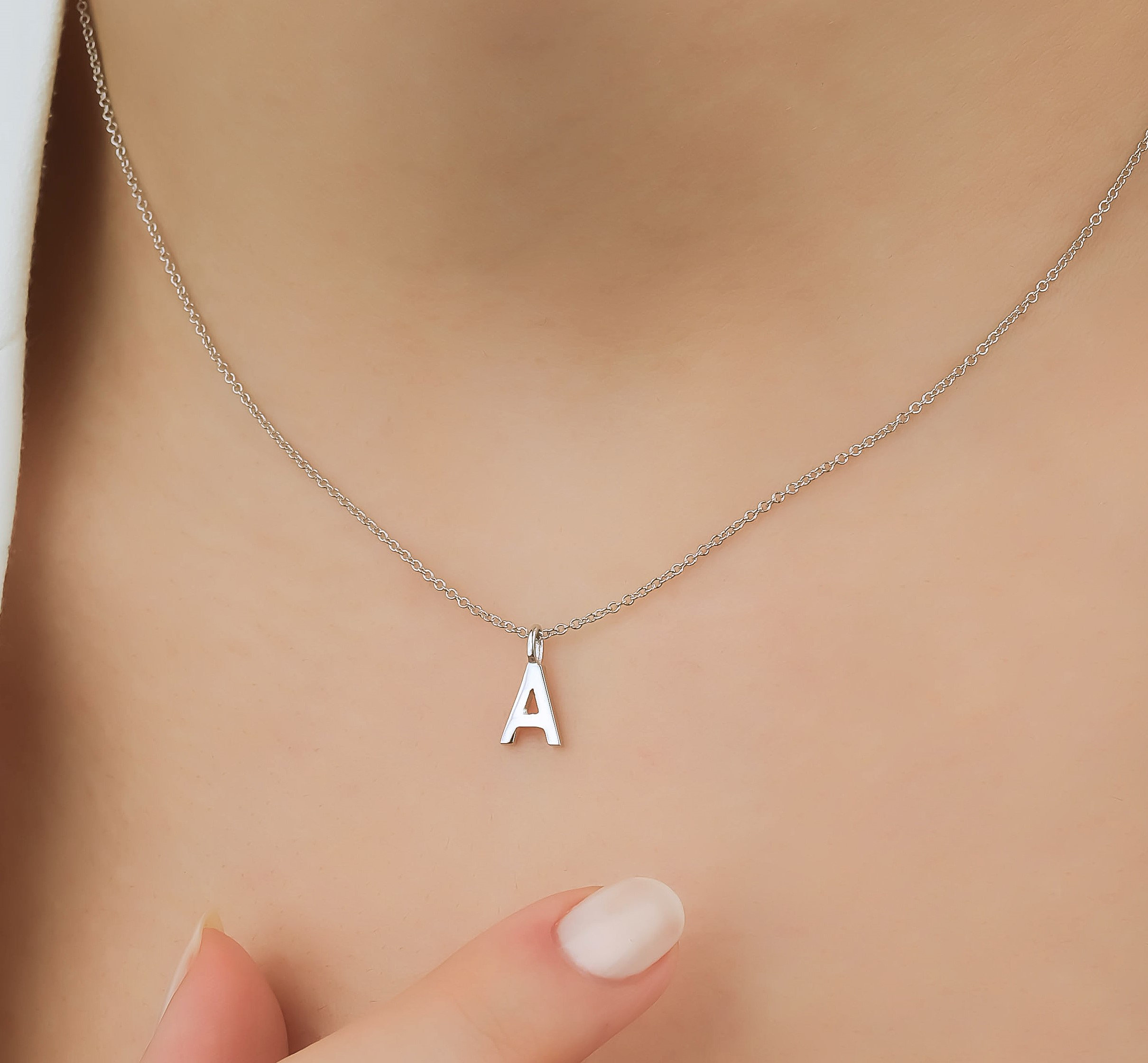 Script Initial Disc Necklace 14K White Gold 18