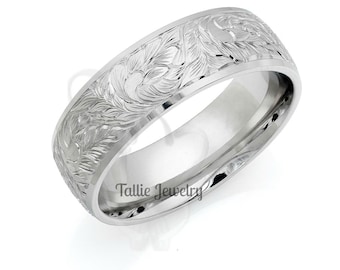 Hand Engraved Mens Wedding Ring,   Hand Engraved Mens Wedding Band , 7mm 10K 14K 18K Solid White Gold Hand Engraved Wedding Bands