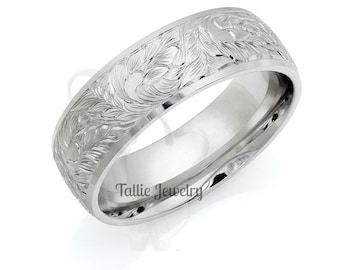 Hand Engraved White Gold Wedding Bands, Hand Engraved Wedding Rings, 7mm 10K 14K 18K Solid White Gold Hand Engraved Mens Wedding Bands