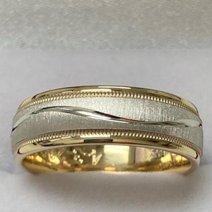 Two Tone Gold Wedding Bands, 7mm 10K 14K 18K Solid White and Yellow Gold Mens Wedding Ring, Milgrain Brushed Finish Mens Wedding Band