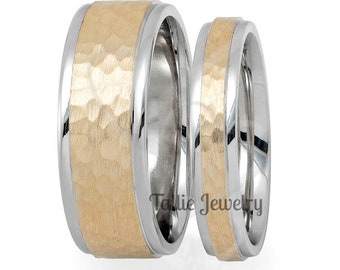 His and Hers Wedding Bands, Matching Wedding Ring Set, 10K 14K18K White and Yellow Gold Hammered Finish Mens and Womens Wedding Rings