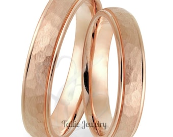 His and Hers Matching Wedding Rings, 4mm 14K Solid Rose Gold Hammered Finish Wedding Bands