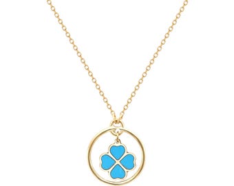 14K Solid Yellow Gold Turquoise Four Leaf Clover Necklace, Minimalist Turquoise Clover Necklace, Lucky Charm, Irish Clover Necklace