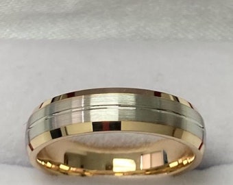 Two Tone Gold Wedding Bands,  5mm 10K 14K 18K White and Yellow Gold Wedding Rings,Satin Finish Beveled Edge Mens and Womens Wedding Bands