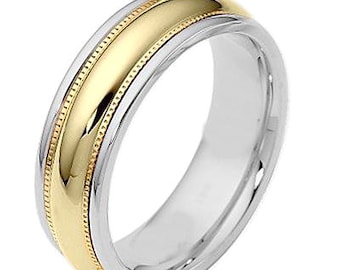 7mm 10K 14K 18K Solid White & Yellow Gold Mens Wedding Ring,  Milgrain Shiny Finish Mens Wedding Band