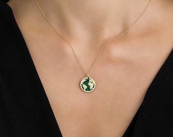 14K Yellow Gold World Map Necklace, Malachite Map World Necklace, Earth Necklace, World Globe Pendant, Earth Charm, Wanderlust Necklace