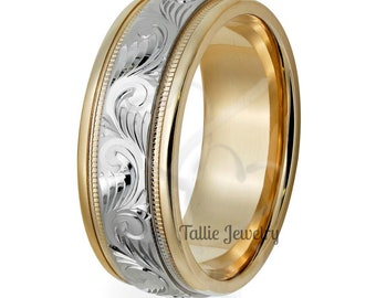 18K Solid Yellow Gold and Platinum Mens Wedding Rings, Hand Engraved Platinum Mens Wedding Bands, Two Tone Gold Wedding Rings