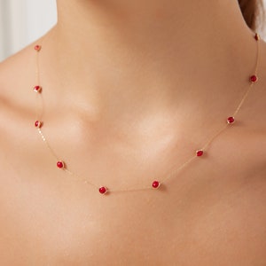 Ruby Station Necklace, 14K Solid Yellow Gold Ruby Necklace ,Bezel Set Beaded Ruby Necklace in 14K Gold, July Birthstone, Gemstone